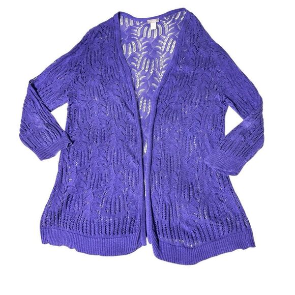 Chico’s purple open stitch lacy look cotton rayon cardigan sweater Chico’s 3 (XL - Picture 1 of 7
